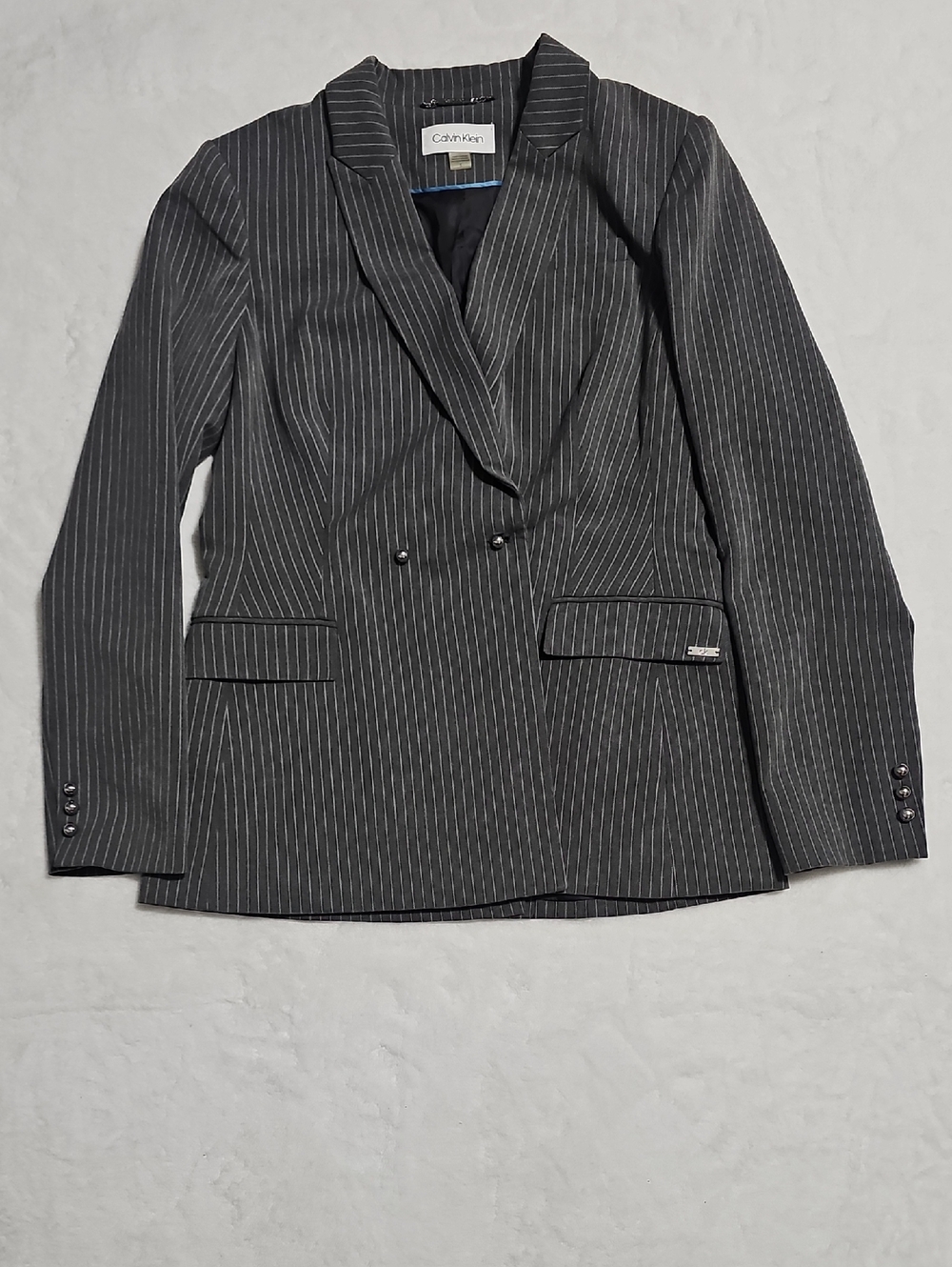 Calvin Klein Charcoal Gray Pinstripe Double-Breasted Blazer